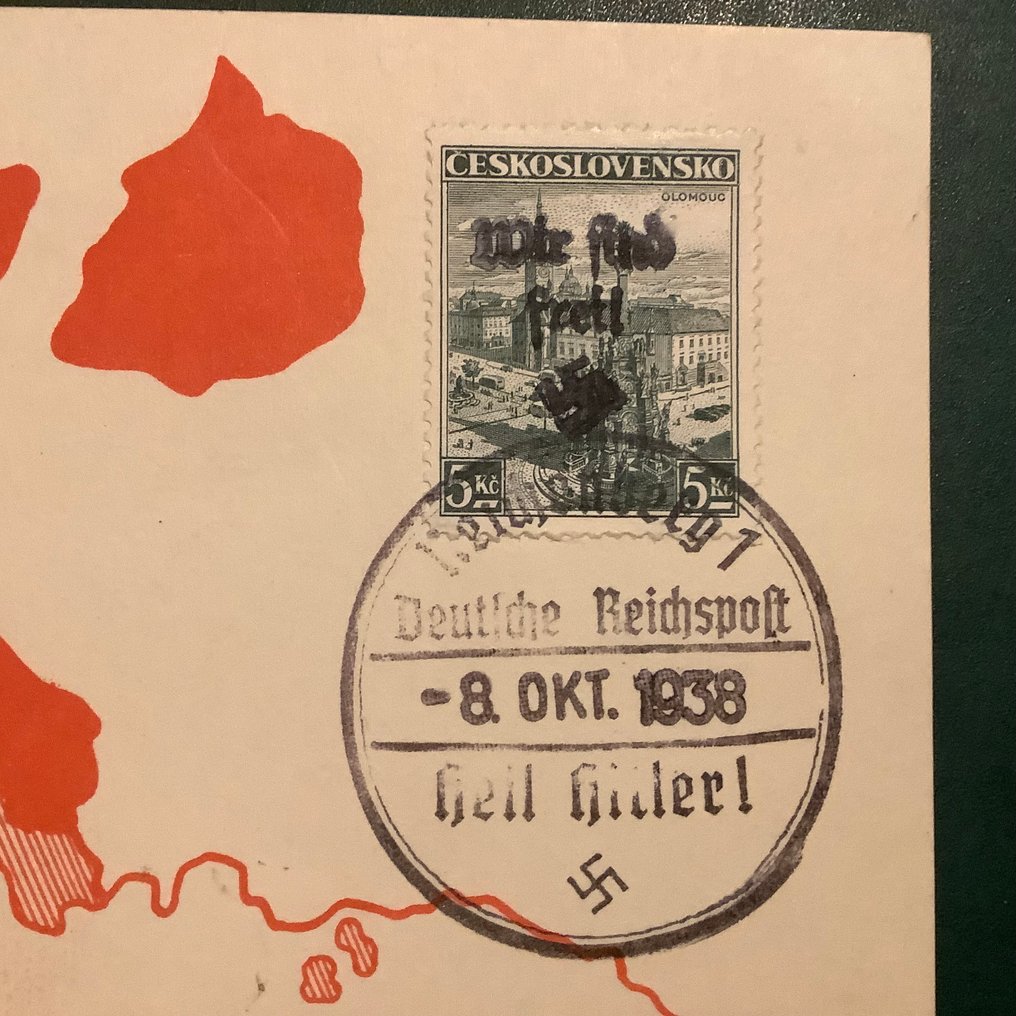 Bohemia ja Moravia 1938 - Reichenberg: 5 Kz Prahan kaupunkikuva propagandakartassa, jossa on teksti 'wir sind frei'. - Michel 91 #2.1