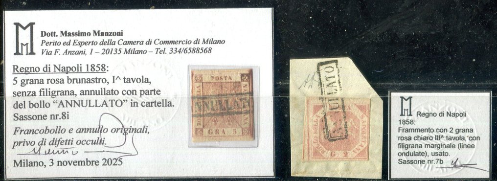 意大利古城邦-那不勒斯 1858 - 2 和 5 格拉纳，带有多样的金丝工艺。 - Sassone 7b, 8i. #1.0