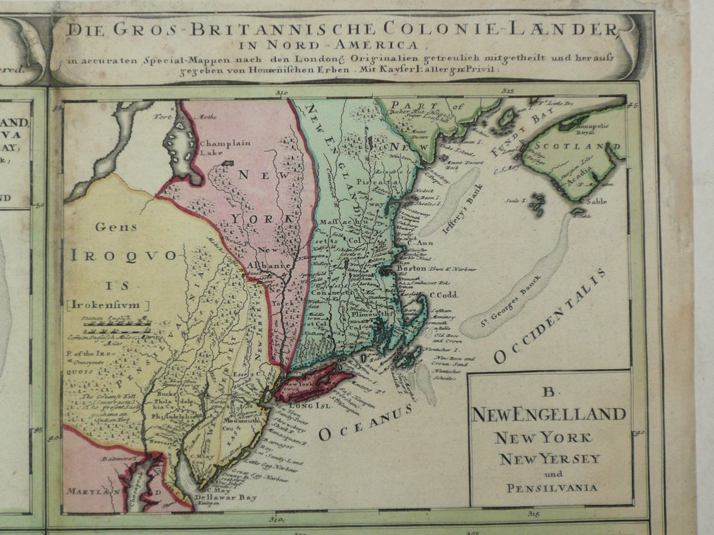 United States - East Coast, New York, Florida, Canada; J.B. Homann - Dominia Anglorum in America Septentrionali. Specialibus Mappis - 1721-1750 #2.1