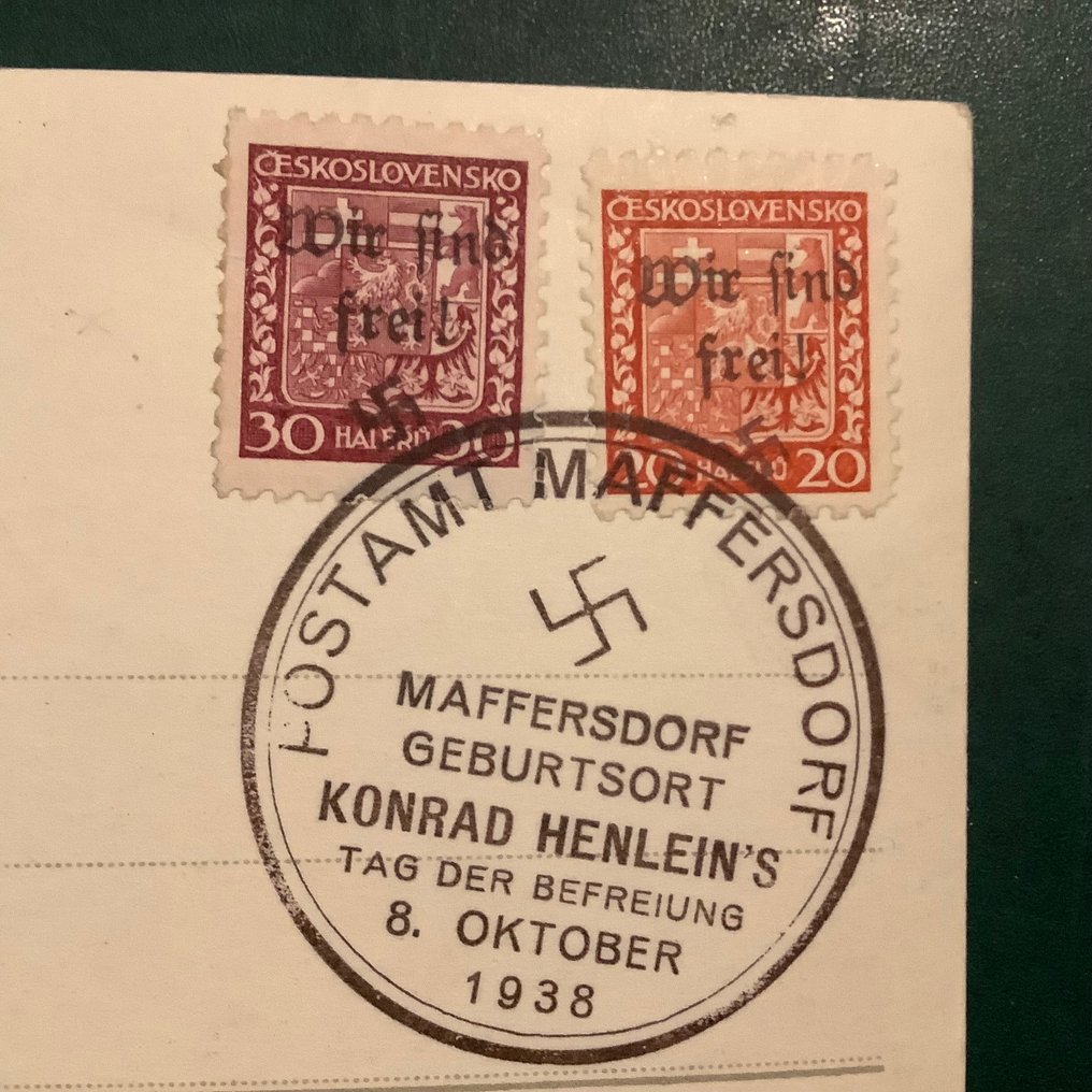 波希米亚和摩拉维亚 1938 - Mattersdorf：两个徽章印章，带有“我们自由”印刷的卡片。 - Michel #3.2