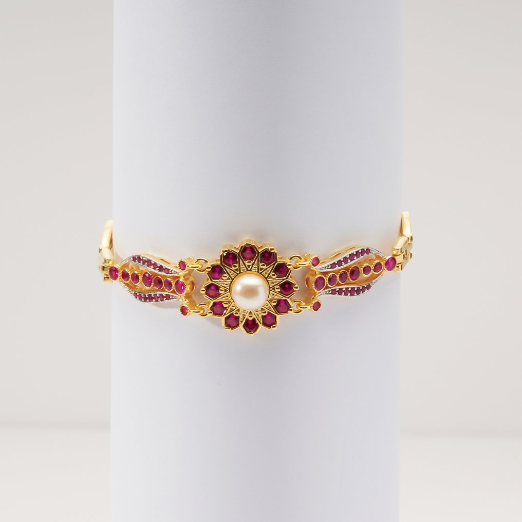 沒有保留價 - 手鈪 銀, 鍍金 紅寶石 - 复古灵感 #3.2