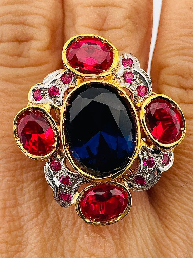 Nincs minimálár - Gyűrű - 9 Kt Sárga arany, Ezüst Zafír - Rubin #3.2