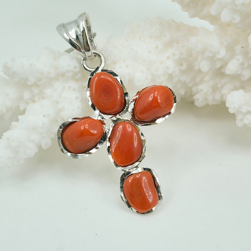 Κοράλλι αίματος - Ασημί - Κολιέ με μενταγιόν - CORALLO MEDITERRANEO #1.0