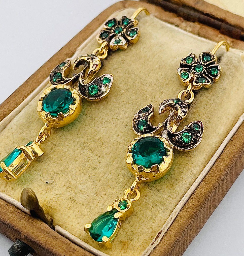 Senza Prezzo di Riserva - Orecchini - 9 kt Oro giallo, Argento Smeraldo #2.1
