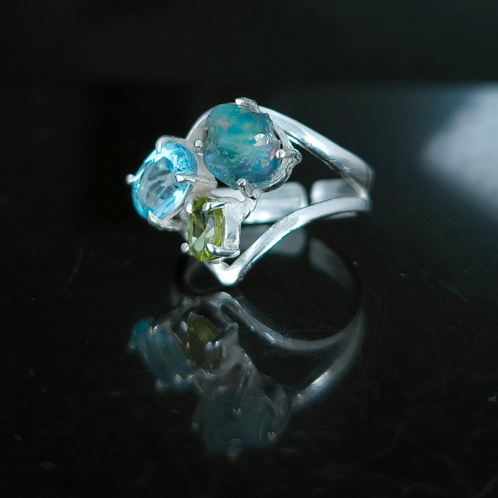 没有保留价 - 护身符戒指 银 -  4.70ct. tw. 蛋白石 - 海蓝宝石 - 绿宝石 #3.2