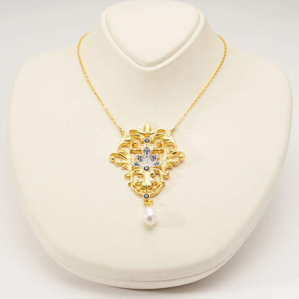 χωρίς τιμή ασφαλείας - Κολιέ με μενταγιόν - 8 καράτια Ασημί, Κίτρινο χρυσό -  0.55ct. tw. Ζαφείρι - Εμπνευσμένο από το Αρ Νουβό #2.1