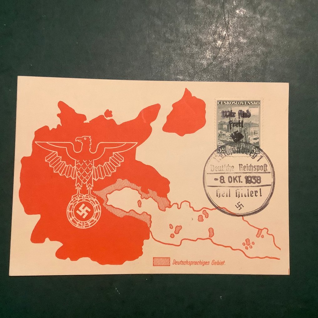 Bohemia ja Moravia 1938 - Reichenberg: 5 Kz Prahan kaupunkikuva propagandakartassa, jossa on teksti 'wir sind frei'. - Michel 91 #1.0