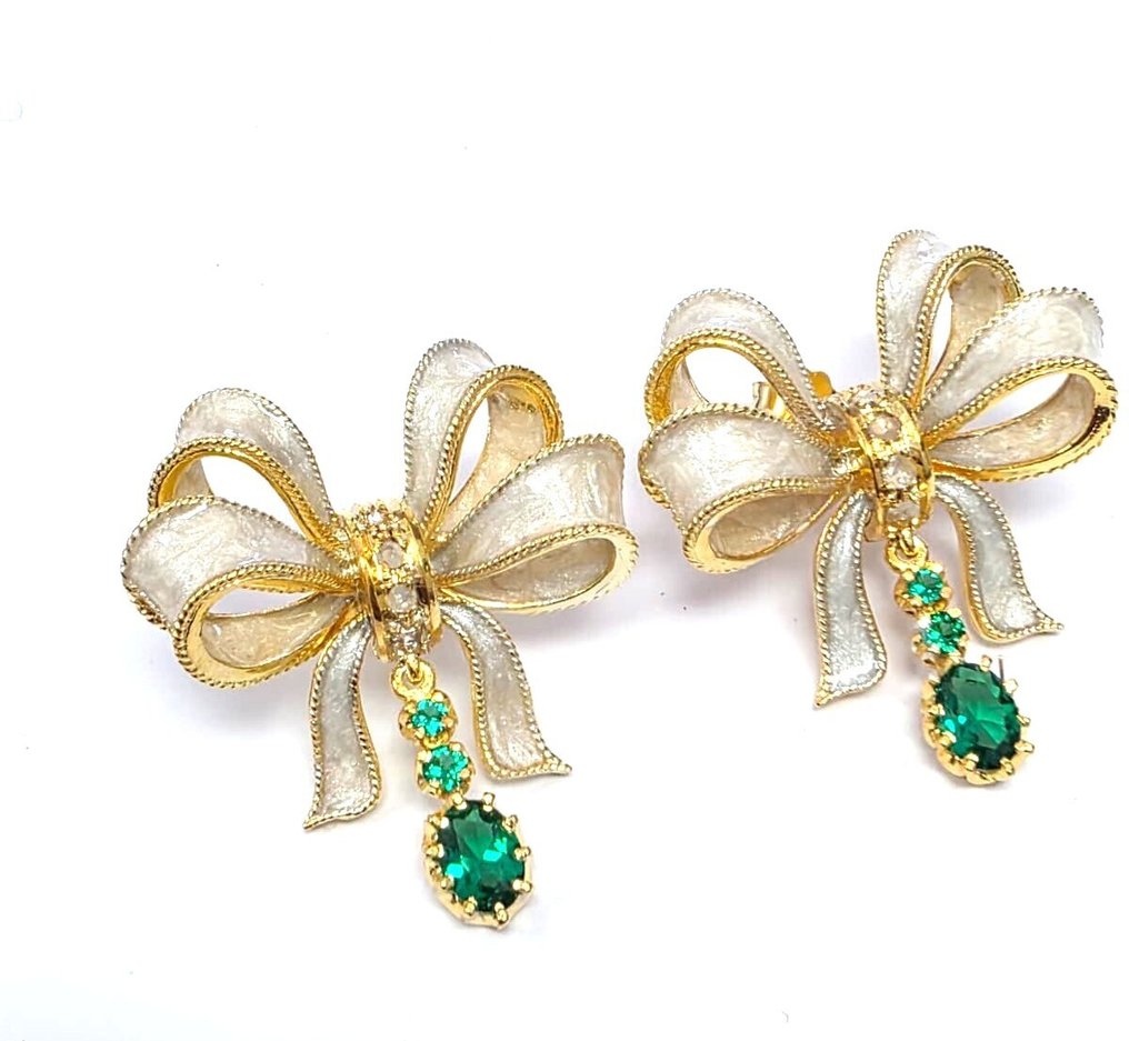 χωρίς τιμή ασφαλείας - Σκουλαρίκια - 9 kt. Κίτρινο χρυσό, Ασημί Σμαράγδι - Διαμάντι #1.0