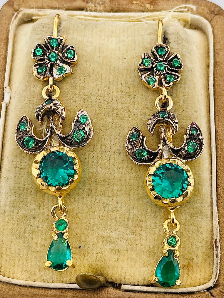 Senza Prezzo di Riserva - Orecchini - 9 kt Oro giallo, Argento Smeraldo #1.0