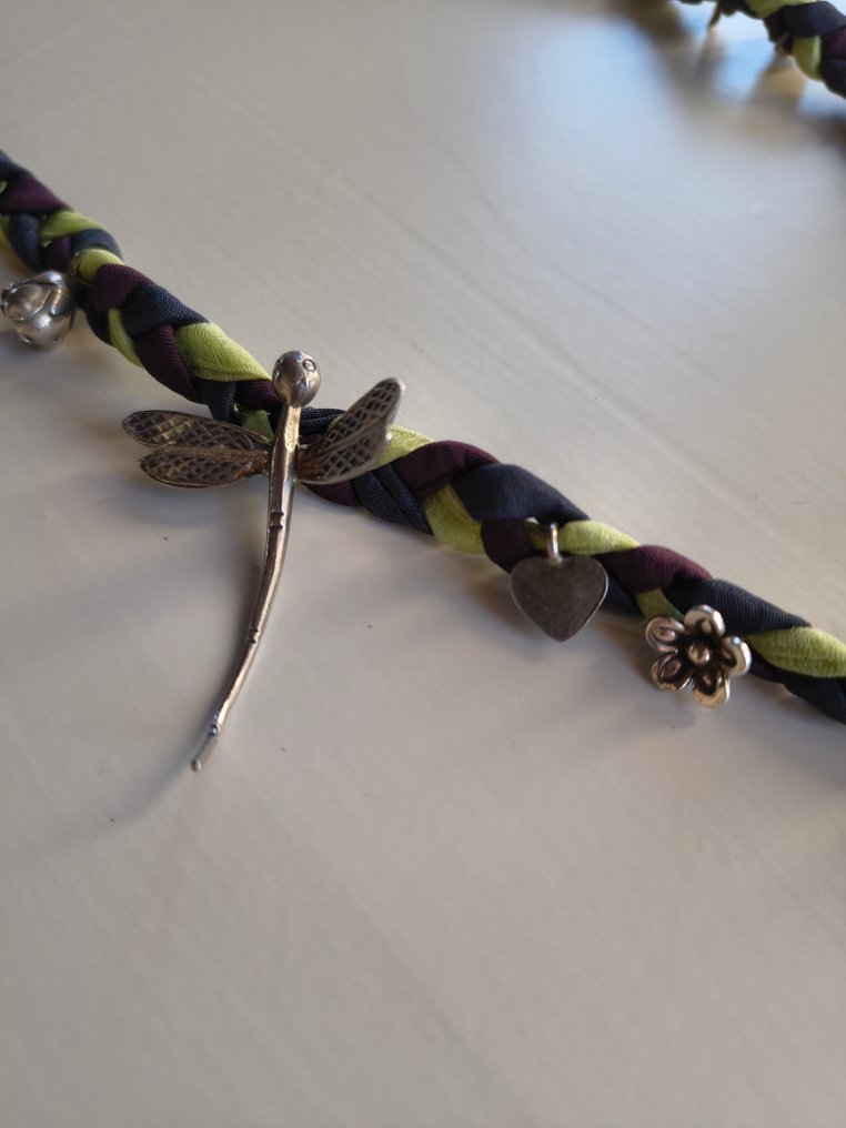 Collier pendentif en argent ancien indien - Miniature peinte à la main de Radha et Krishna - - Argent, Textile - Inde - Début du XXe siècle #3.2