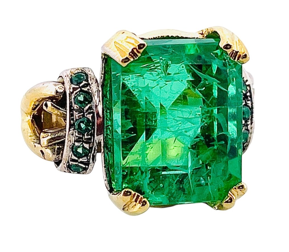 Ingen mindstepris - Ring - 9 kt. Gulguld, Sølv Smaragd - Smaragd #3.2