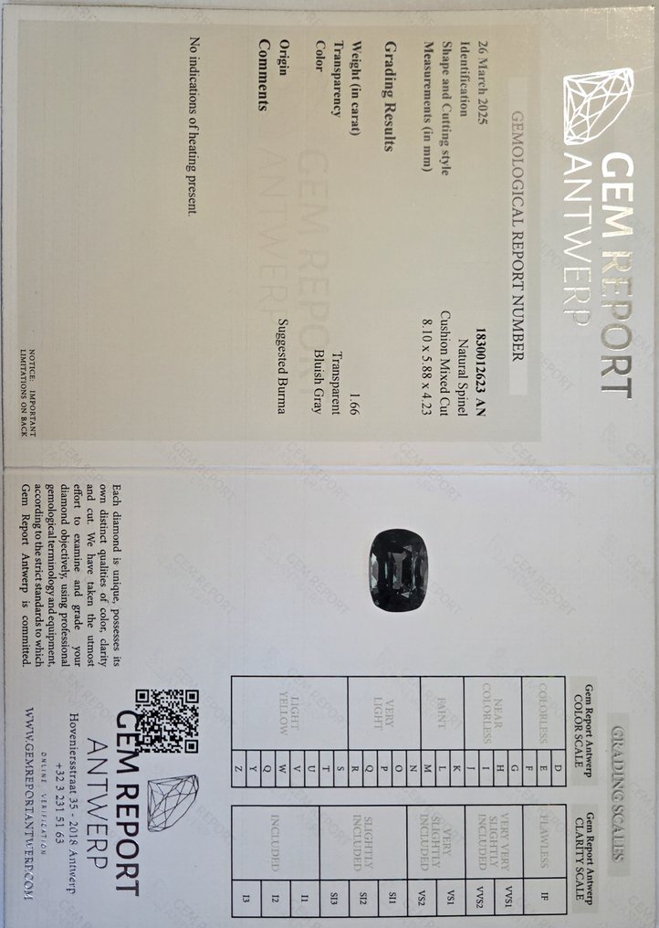 1 pcs  Gris Spinelle Spinelle  - 1.66 ct - Gem Report Antwerp (GRA) #4.3