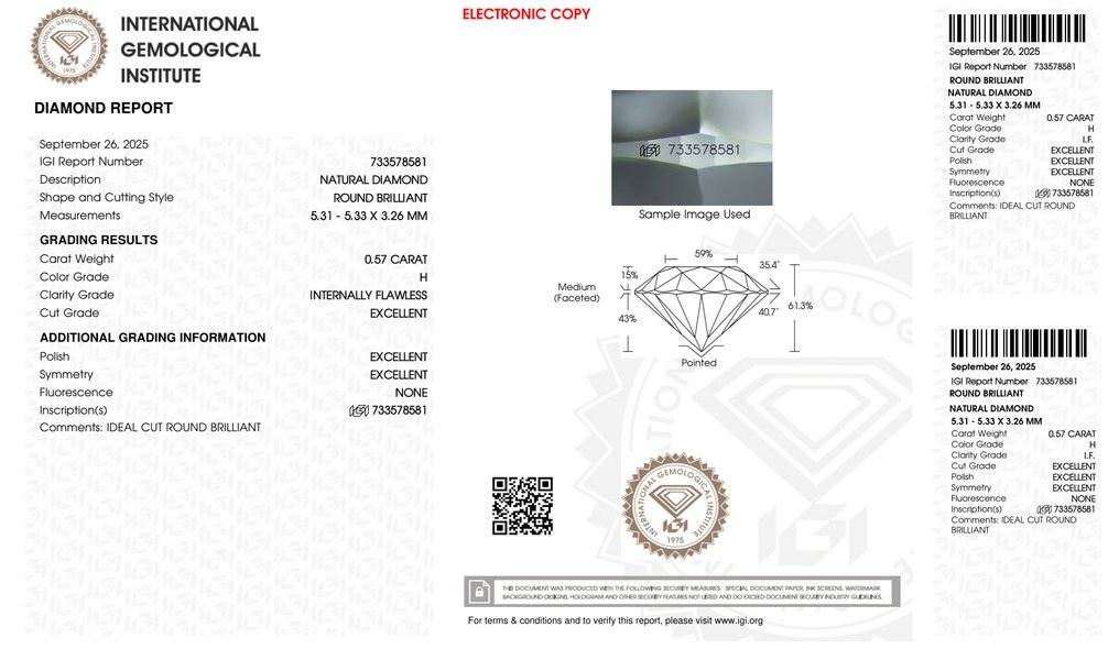 没有保留价 - 2 pcs 钻石 (天然) - 1.12 ct - 圆形 - H - IF - 国际宝石研究院(IGI) - 匹配对 3EX #2.1
