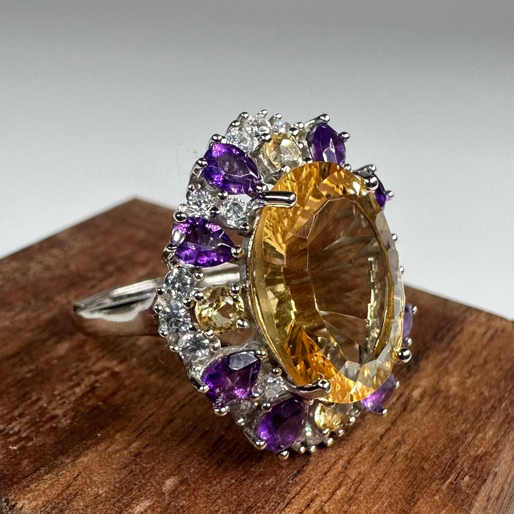 没有保留价 - 戒指 银 黄水晶 - 紫水晶 - 自然的 #3.2