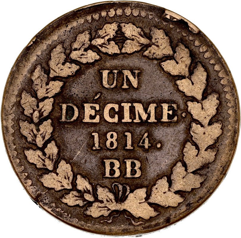 法国. 拿破仑一世 (1804-1814). 1 Décime 1814-BB, Strasbourg. Variété double point (没有保留价) #1.0