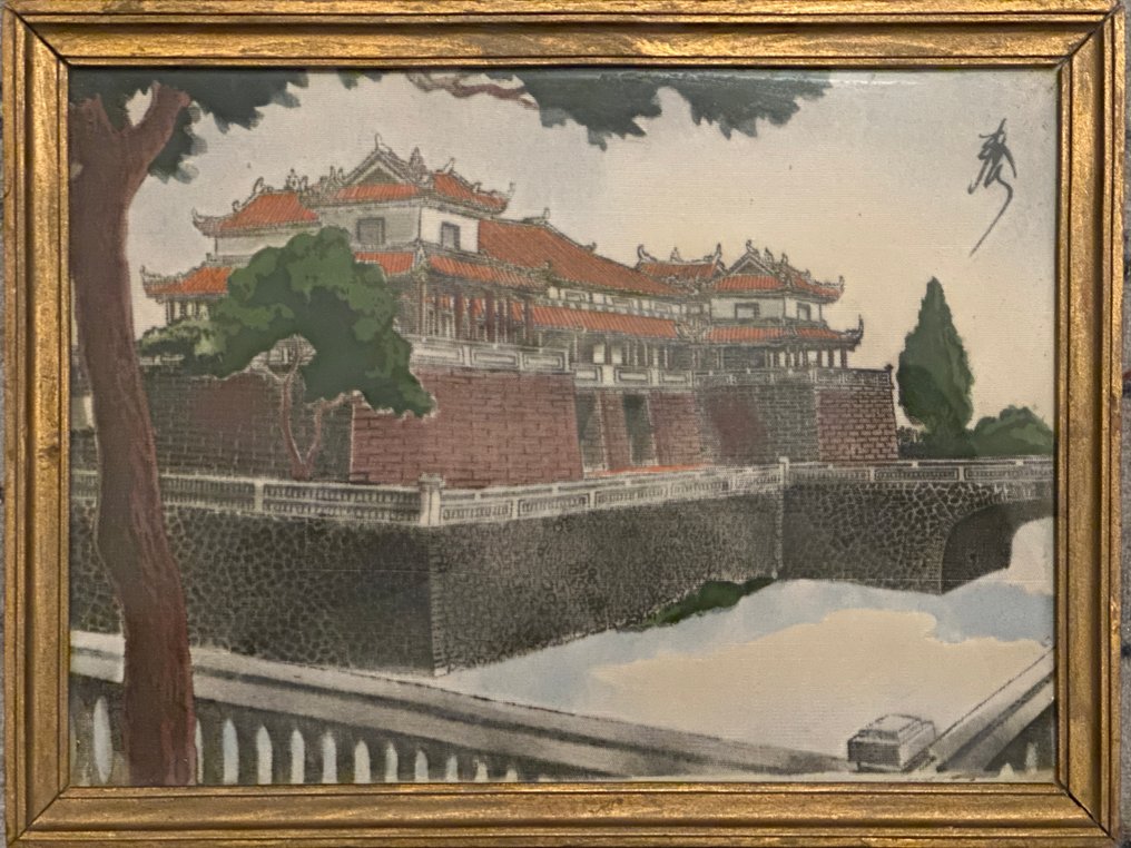 复古丝绸画，描绘北京故宫，1950年。 - 木, 玻璃（彩色玻璃） - a dechifree - 中国 - 1950年代 #1.0