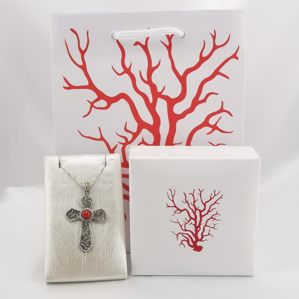 珊瑚 - 銀 - 吊墜頸鏈 - 手工制作 #4.3