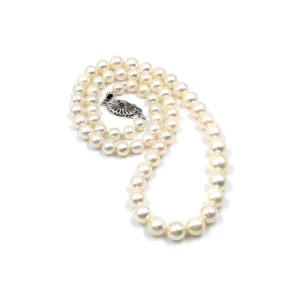 χωρίς τιμή ασφαλείας - Κολιέ - 18 καράτια Λευκός χρυσός Μαργαριτάρι - Ζαφείρι - Κολιέ με μαργαριταρένια αλυσίδα 45cm #1.0