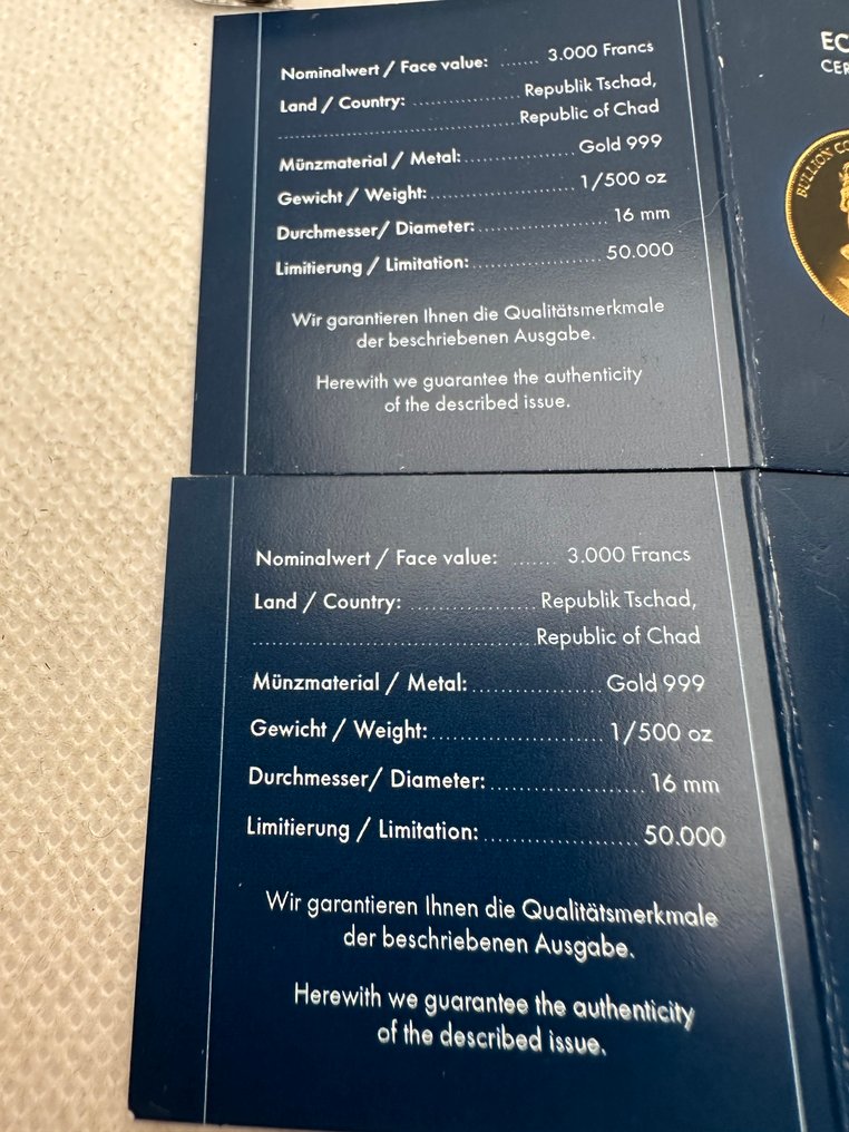 Chad. 3000 Francs ND 2x Springbock , 2x1/500 Oz, oro (.999)  (No reserve price) #4.3