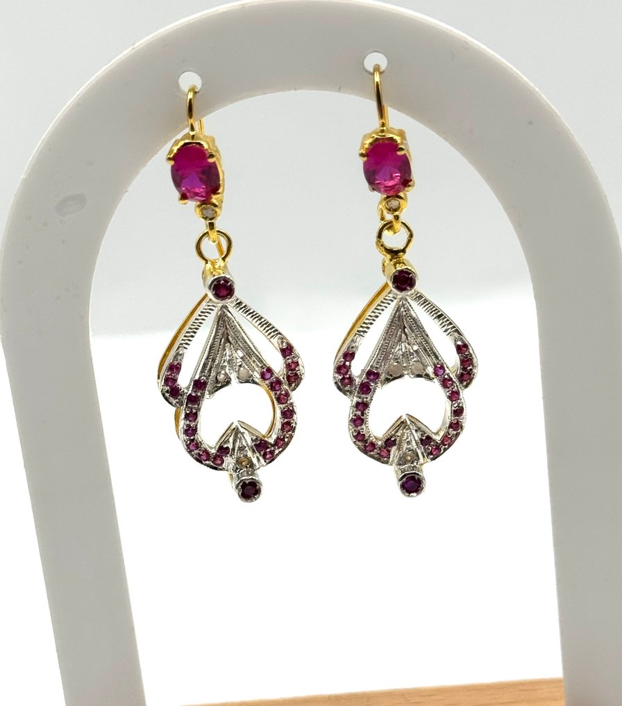 没有保留价 - 耳环 - 9 kt. 黄金, 银 红宝石 - 红宝石 - Diamanti #2.1