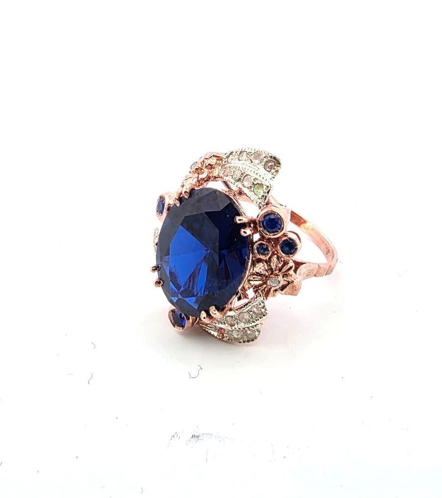 没有保留价 - 戒指 - 9 kt. 玫瑰金, 银 蓝宝石 - 钻石 #1.0