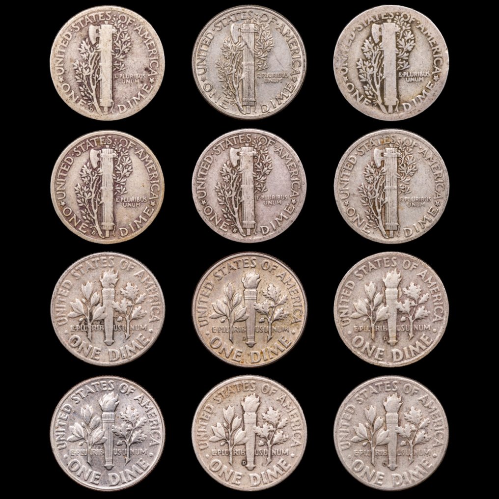 Ηνωμένες Πολιτείες. One Dime 1916 -1964 / 12 Monedas (χωρίς τιμή ασφαλείας) #1.0