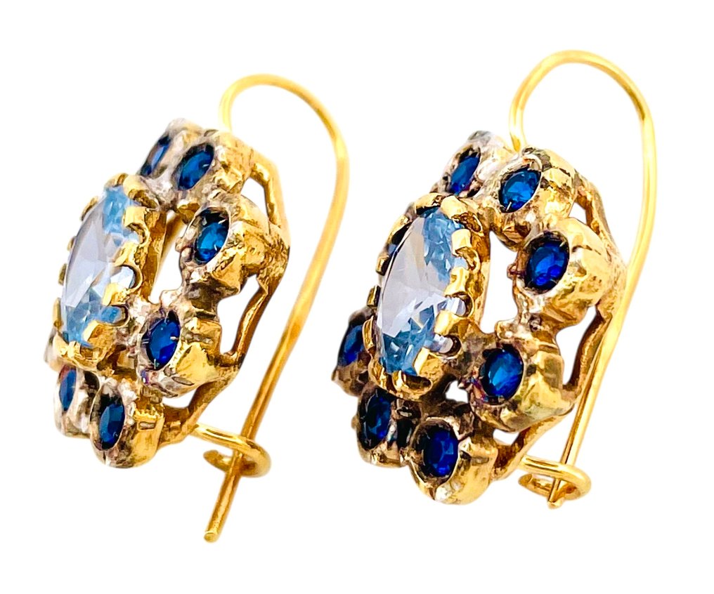 没有保留价 - 耳环 - 9 kt. 黄金, 银 海蓝宝石 - 蓝宝石 #4.3