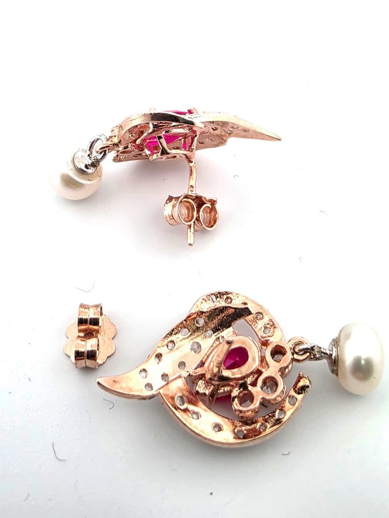 没有保留价 - 耳环 - 9 kt. 玫瑰金, 银 红宝石 - 钻石 #3.2