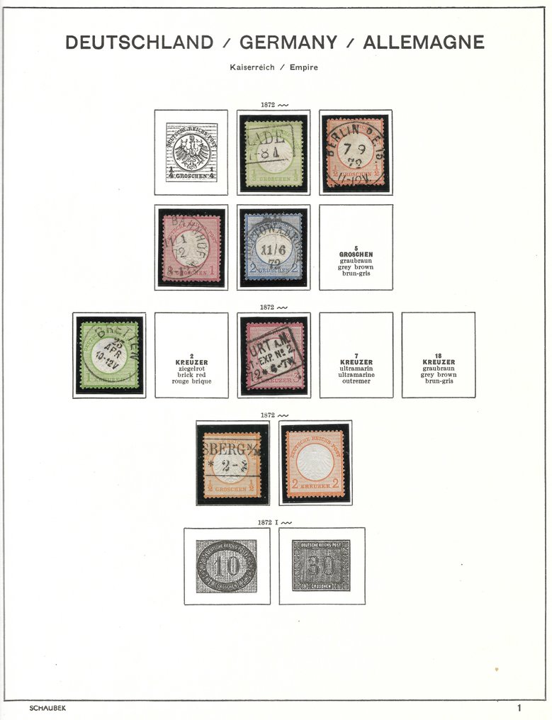 德意志帝國 1872/1874 - D. R. Brustschild收藏在两个Schaubek相册页上 - Deutschland 2023 / aus Mi.-Nr. 2 - 29 #1.0