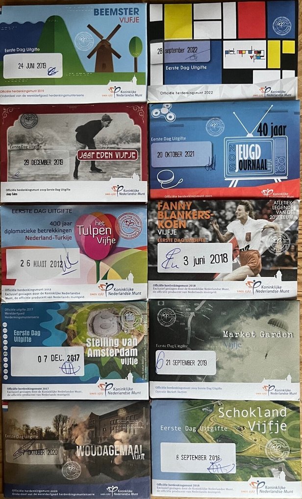 Nederland. 5 Euro 2012/2022 "1e dag uitgiftes" (10 stuks)  (Ingen reservasjonspris) #1.0