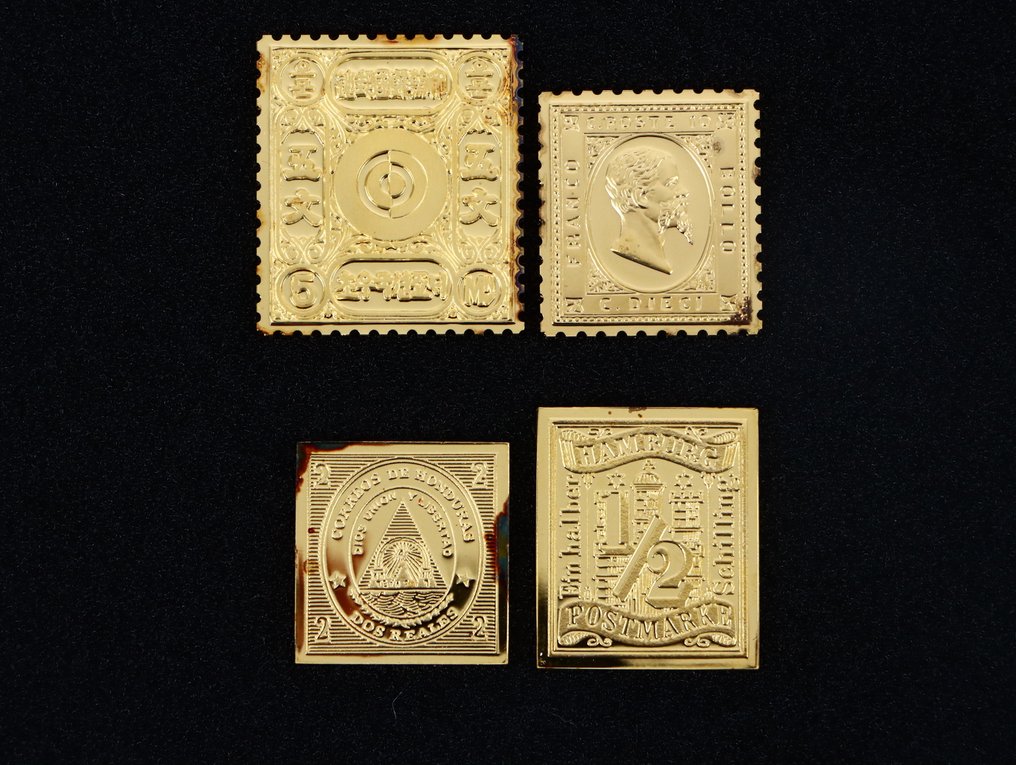 World  - Official Gold on Silver Proofs 24K - First Stamps of the World (4x) #1.0