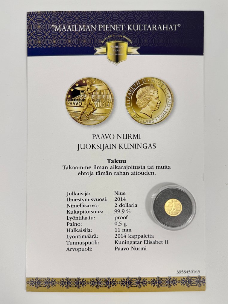 Niue. 2 Dollars 2014 to honour Paavo Nurmi (No Reserve Price) #1.0