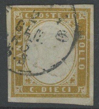意大利古國－薩丁尼亞 1862 - 维托里奥·埃马努埃莱二世的肖像，10分橄榄黄色，编号14Dc，第四版，二手 - Cardillo - Sassone n.14Dc #1.0