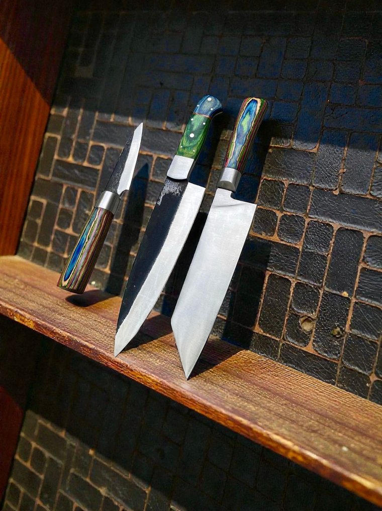 Set of THREE, Hand-Forged with Old Steel, Japanese Style Knives from Elite - Μαχαίρι κουζίνας - Chef's knife - Χάλυβας, Ξύλο, Εκλεκτό σετ 3 τεμαχίων, χειροποίητα σφυρηλατημένα ιαπωνικά παλαιά ατσάλι, αντίκες μαχαίρια - Ιαπωνία #3.2
