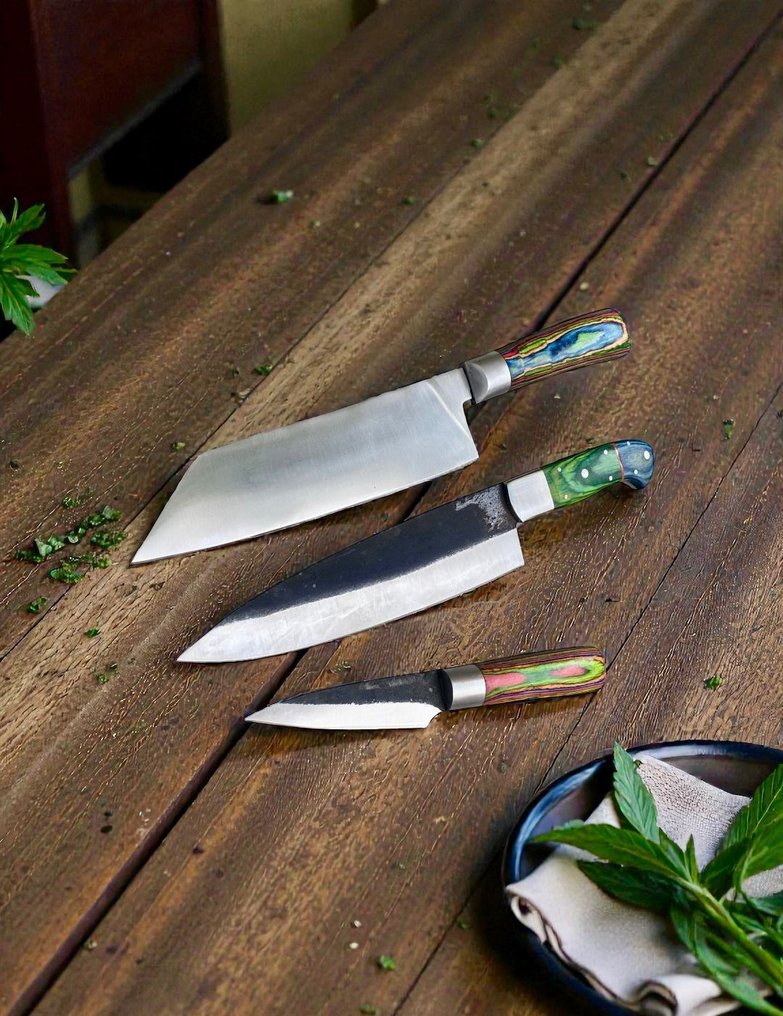 Set of THREE, Hand-Forged with Old Steel, Japanese Style Knives from Elite - Μαχαίρι κουζίνας - Chef's knife - Χάλυβας, Ξύλο, Εκλεκτό σετ 3 τεμαχίων, χειροποίητα σφυρηλατημένα ιαπωνικά παλαιά ατσάλι, αντίκες μαχαίρια - Ιαπωνία #1.0