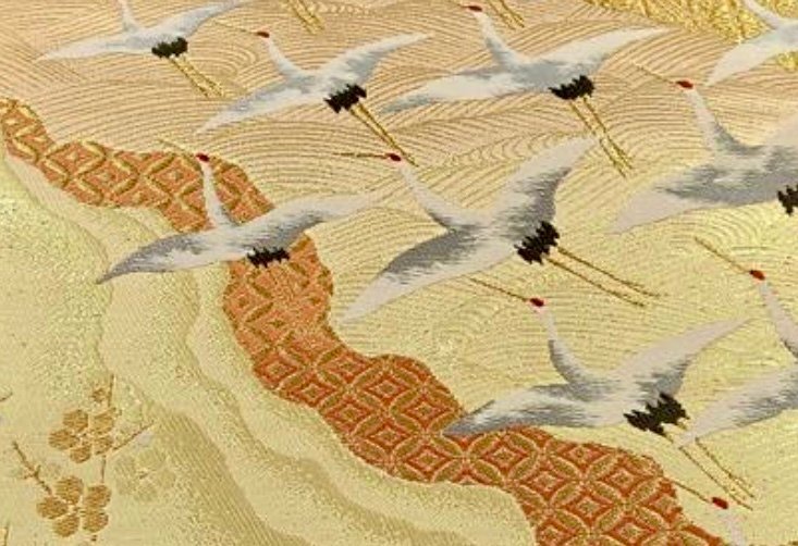 优雅的日本福袋帯——金色锦缎配飞鹤与花卉图案 - 絲 - 日本 - 20世紀 #3.2