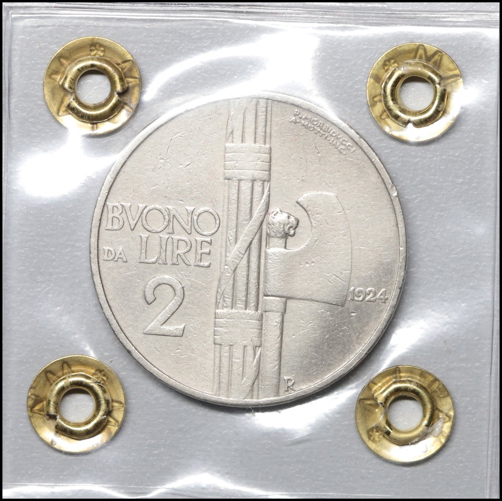 Olaszország, Királyság Vittorio Emanuele III. Lotto di 2 monete con asse spostato - Errore di coniazione - Buono da 2 Lire 1924 / 1 Lira 1942 (Nincs minimálár) #3.2