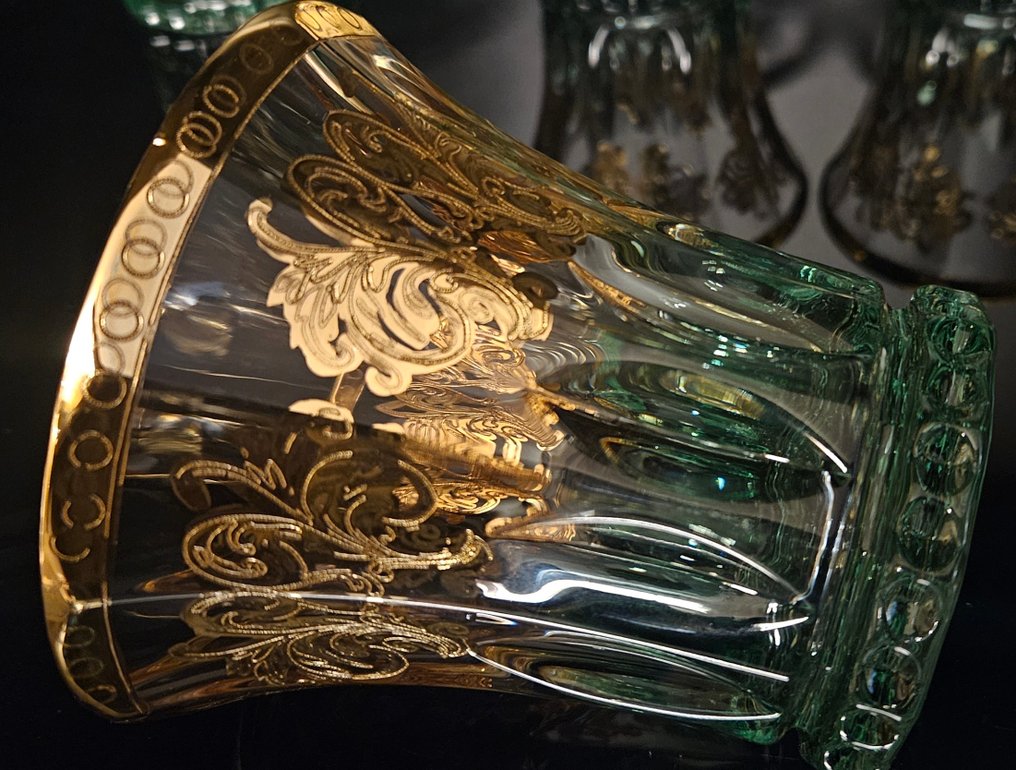 antica cristalleria italiana - Υπηρεσία ποτού (6) - Πολυτελή κοσμήματα από σμάραγδα, ποτήρια σε χρυσό. - Κρύσταλλο, Χρυσός #2.1