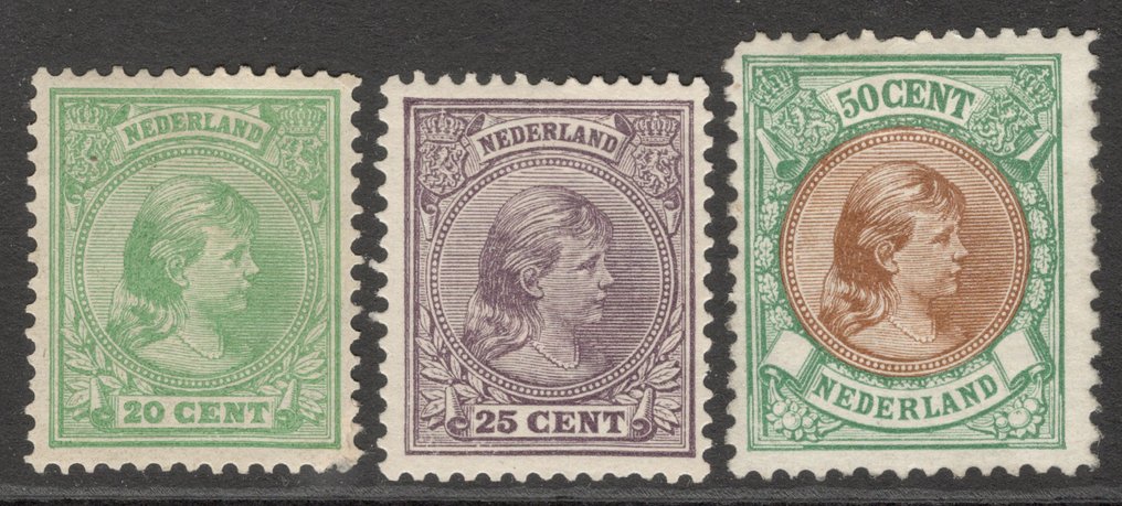Netherlands 1891/1896 - Reine Wilhelmine: 20c green, 25c lilac, and 50c green and brown. - NVPH 40-42 et 45 #1.0