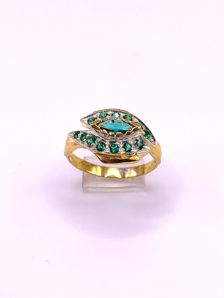 χωρίς τιμή ασφαλείας - Δαχτυλίδι - 9 kt. Κίτρινο χρυσό, Ασημί Σμαράγδι - Σμαράγδι #1.0