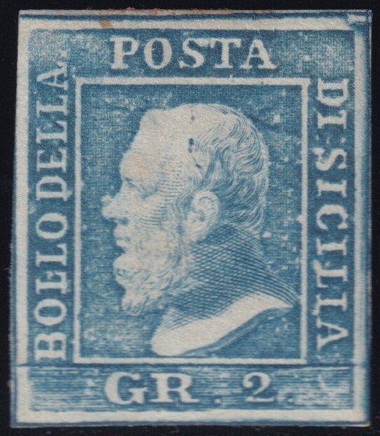 意大利古城邦-西西里 1859 - 2克。浅蓝色Tav. azzurro chiaro PA pos.77 Sass 6克，边距良好，Spl #1.0