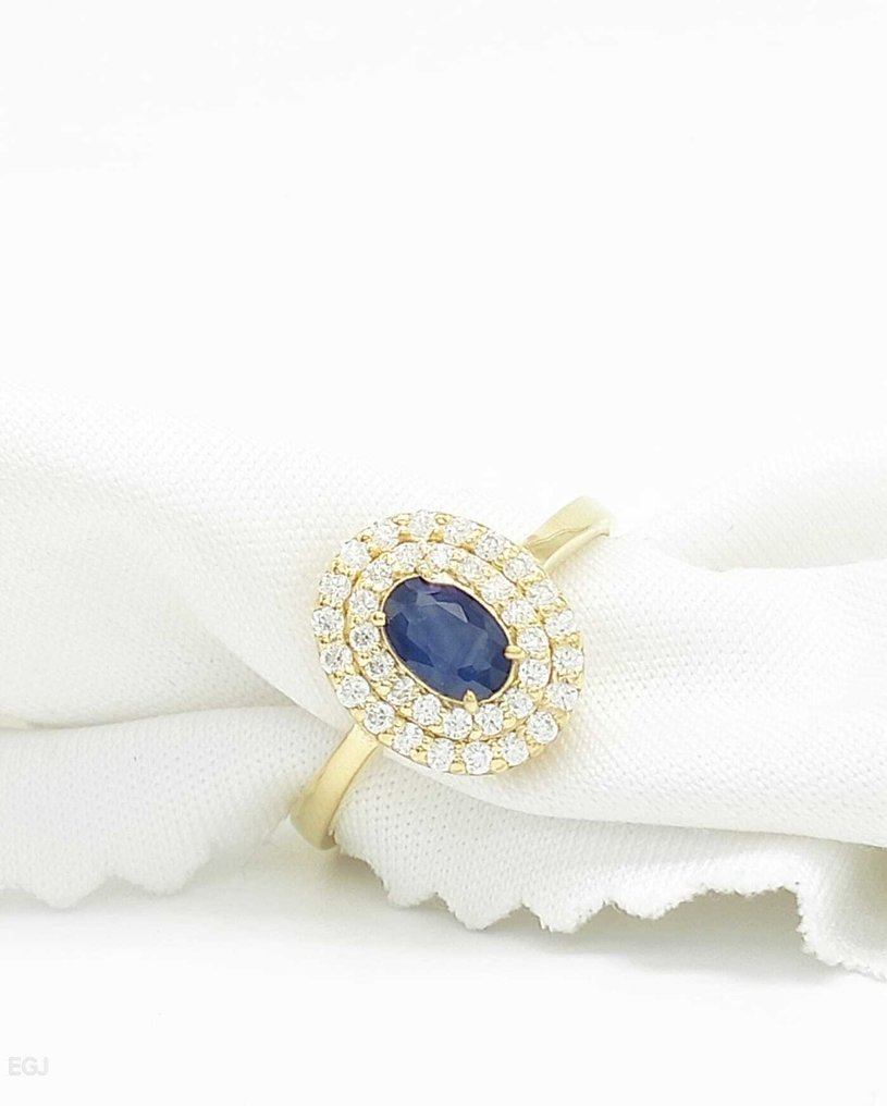 没有保留价 - 鸡尾酒戒指 - 14K包金 黄金 蓝宝石 - 钻石 #1.0