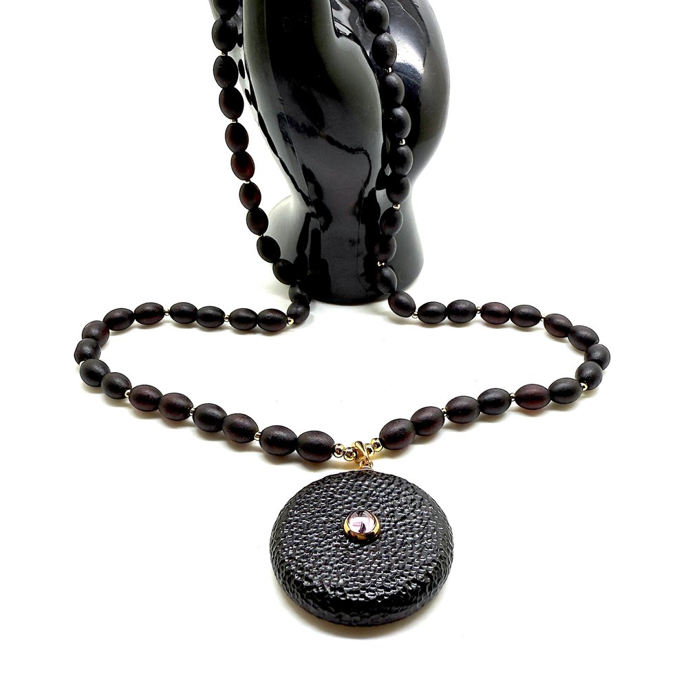 Ciondolo inciso e collana in ambra baltica con argento 925 e ametista - Ambra - Succinite / fossilized pine tree resin #1.0