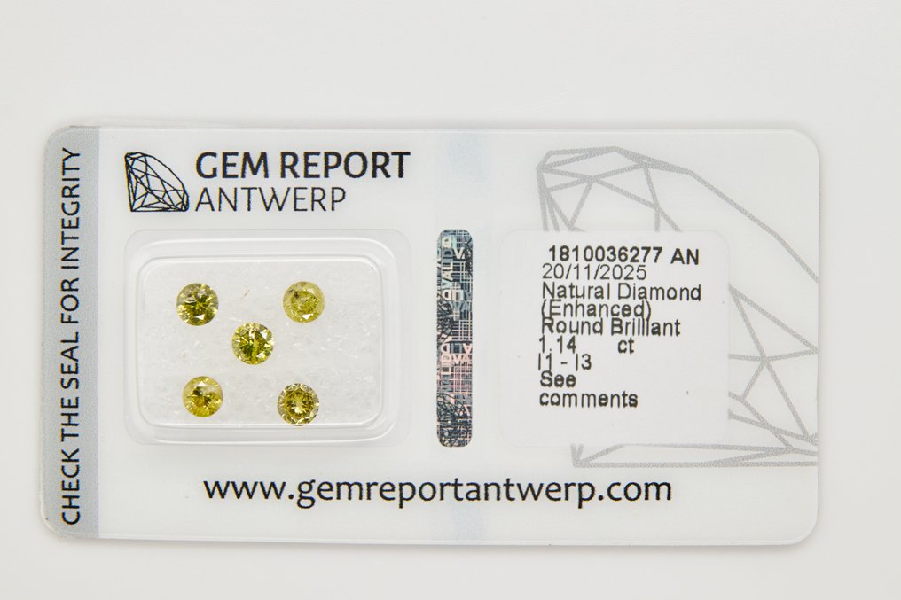 Senza prezzo di riserva - 5 pcs Diamante  (Con trattamento colore)  - 1.14 ct - Rotondo - I1, I2, I3 - Gem Report Antwerp (GRA) #1.0
