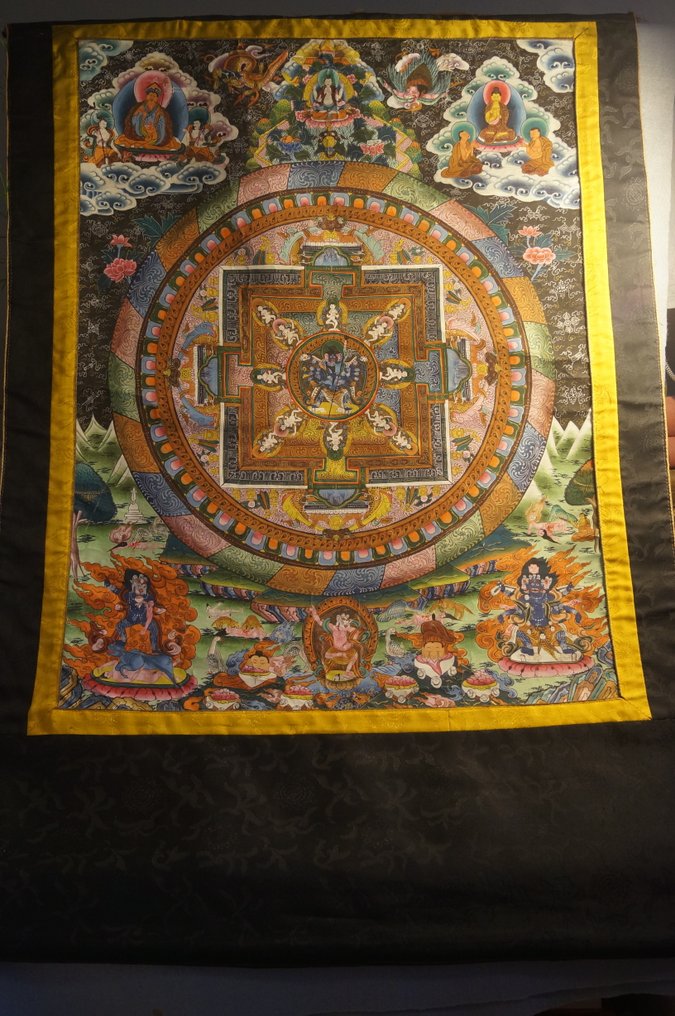 Chakrasamvara ophængsroll Thangka, guldmalet håndmalet på en sort baggrund, det 20. århundrede. - Tibet - 20. århundrede #1.0