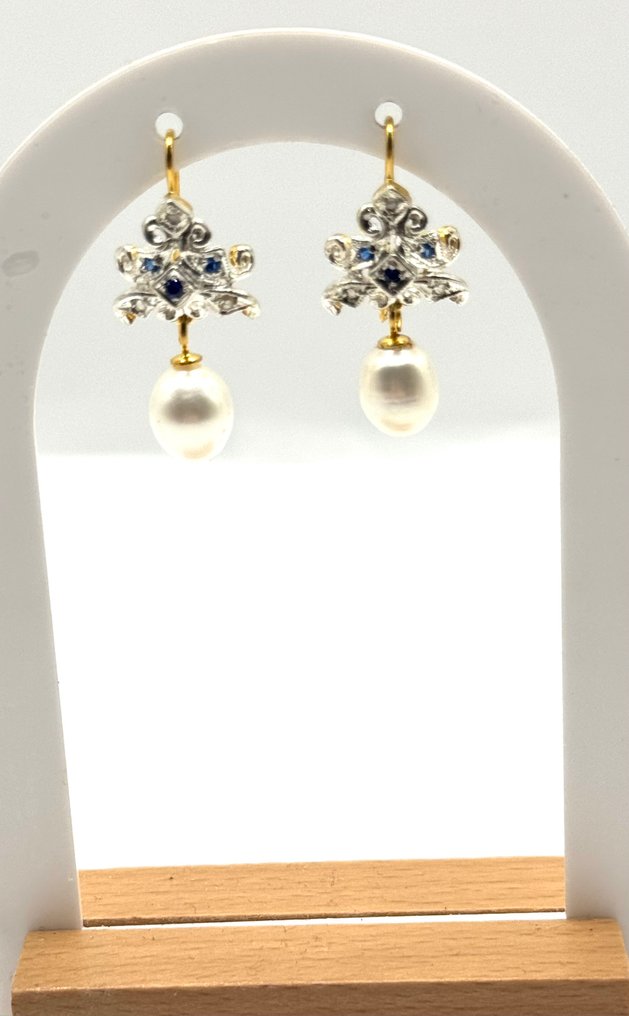 χωρίς τιμή ασφαλείας - Βραδινά σκουλαρίκια - 9 kt. Κίτρινο χρυσό, Ασημί Μαργαριτάρι - Διαμάντι - Zaffiri #1.0