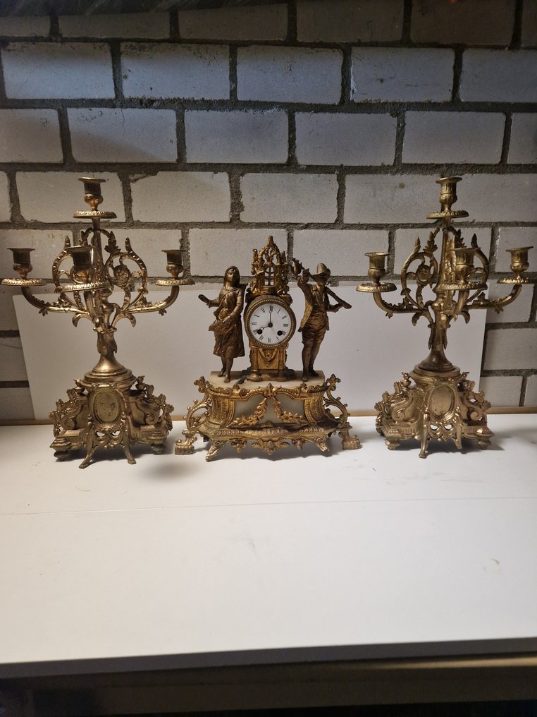 時鐘及擺設套組  (3) -  古董 青銅色, 黃銅, 大理石 - 1850-1900 #1.0