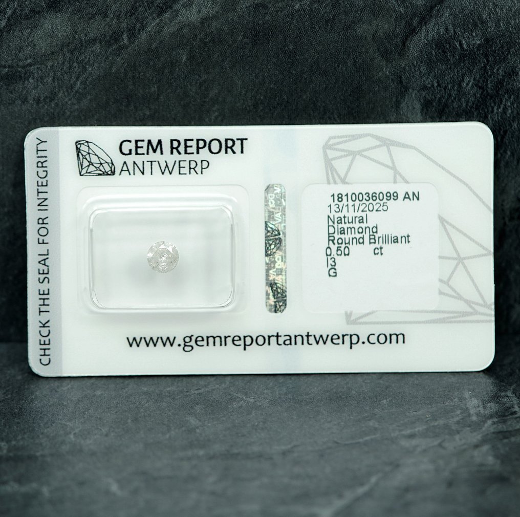 χωρίς τιμή ασφαλείας - 1 pcs Διαμάντι (Φυσικό) - 0.50 ct - Στρογγυλό - G - I3 - Gem Report Antwerp (GRA) #1.0
