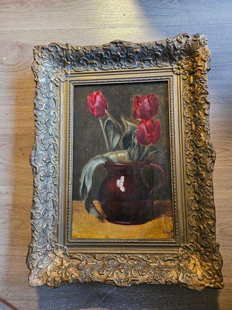 E.S.v.P. (Nederlandse School 1e helft 20 eeuw) - Schitterend impressionistisch stilleven met rode tulpen #1.0