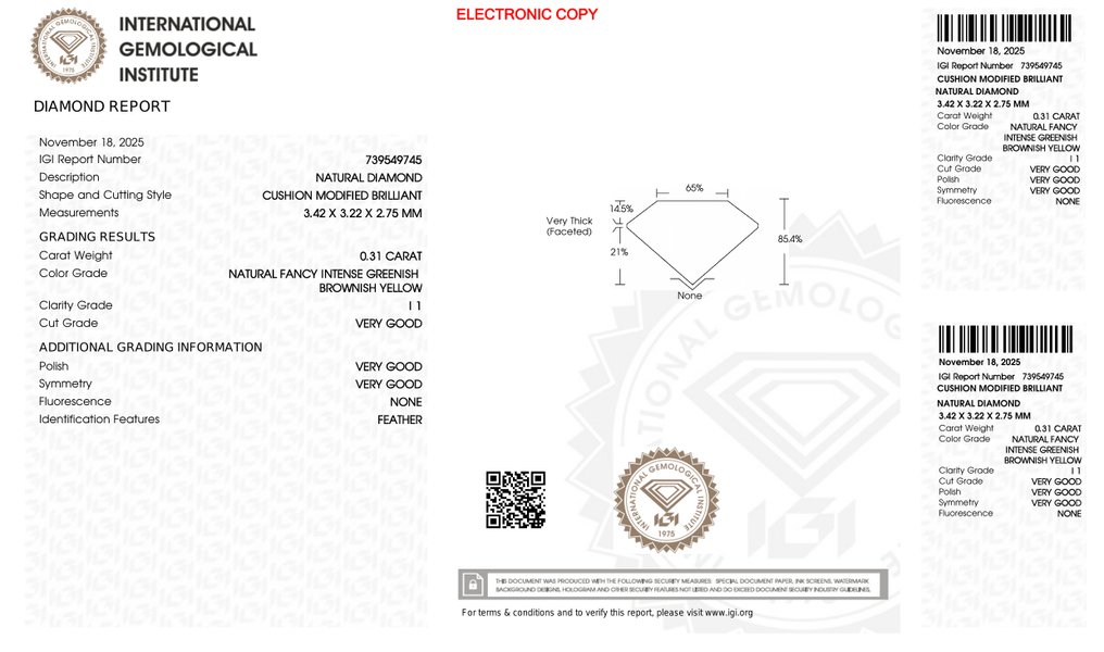 No reserve price - 1 pcs Diamond  (Natural)  - 0.31 ct - Cushion - I1 - International Gemological Institute (IGI) #4.3